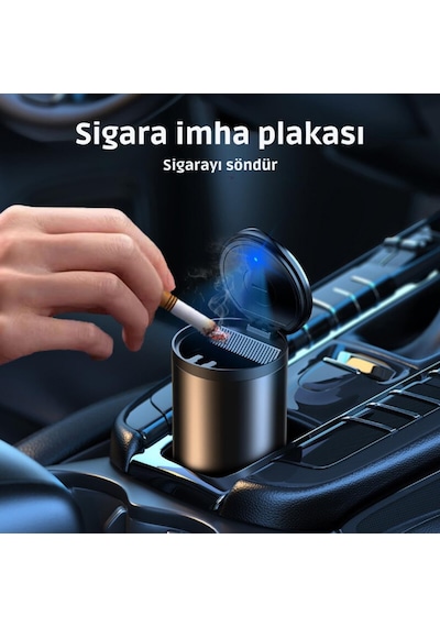 Coofbe Premium Car Ashtray Led Işıklı Alüminyum Taşınabilir Kapaklı Araba Küllük Kül Tablası Kokusuz