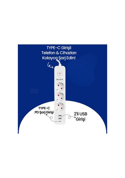 S-Link SPG03TC 1.5mt Akım Korumalı 3'lü Grup Priz 2 Usb +1 Type C Girişli
