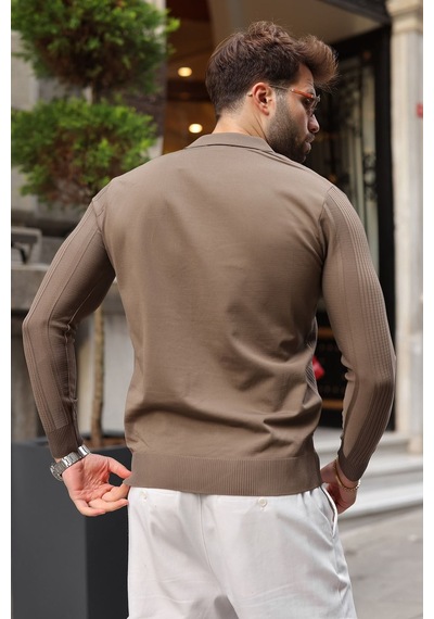 Madmext Açık Kahve Polo Yaka Slim Fit Erkek Triko Kazak E7527 Açık Kahverengi