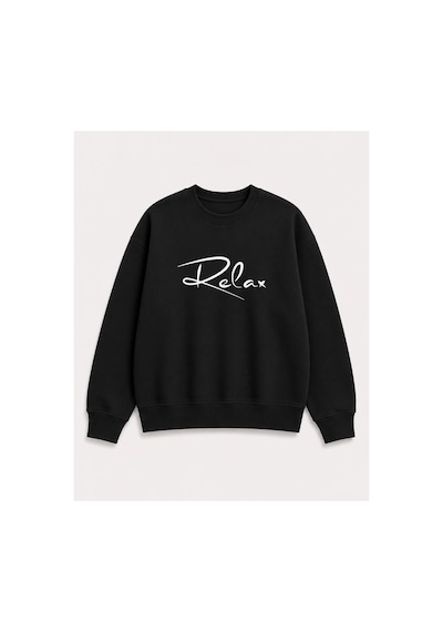 Herkesemoda Relax Yazılı Baskı Detaylı Şardonlu 2 İplik Bisiklet Yaka Sweatshirt Siyah
