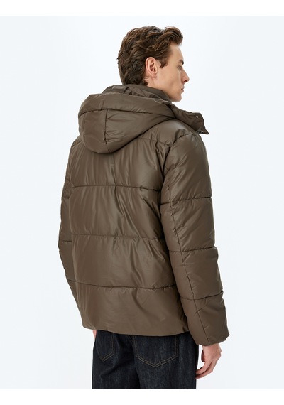 Koton Slim Fit Kapşonlu Suni Deri Şişme Mont Kahverengi 5wam20034hw Kahve Kahverengi
