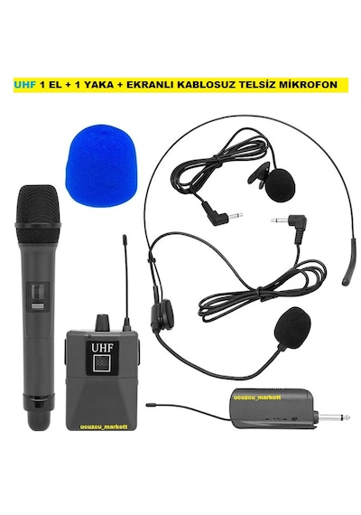 Uhf 1 El + 1 Yaka + Ekranlı Kablosuz Telsiz Mikrofon