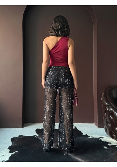 Verymoda Pullu Tül Pantolon F1611 Siyah
