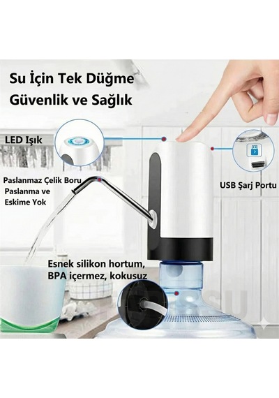 Alaska Şarjlı Otomatik Damacana Su Pompası Usb Kablolu, Dokunmatik, Pratik Su Sebili Siyah Beyaz