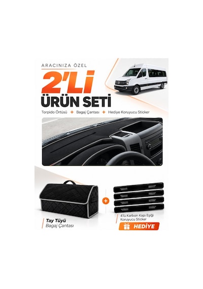 E-biz Volkswagen Crafter 2006-2014 Uyumlu Torpido Örtüsü + Tay Tüyü Çanta - Siyah-gri - Mb020