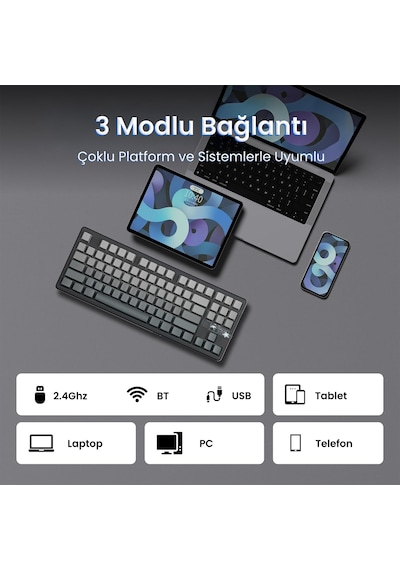 Aula F87 Pro V2 Mekanik Rgb Tkl Graywood V4 Switch Kablosuz Makrolu Hot Swap Klavye Gradyan Gri