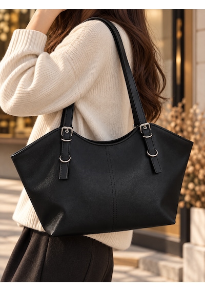 Elpida Bags Kadın Kemerli Suni Deri & Geniş Hacimli Omuz Çantası Siyah