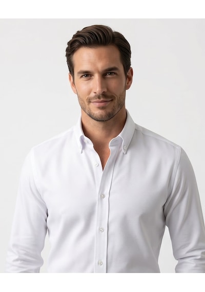 Özeniş Erkek Cepsiz Pamuklu Uzun Kollu Oxford Slim Fit Gömlek Beyaz