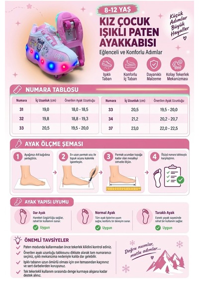 Rap Rap Işıklı Led Işıklı Patenli Kız Ayakkabı - Dar Kalıp Pembe