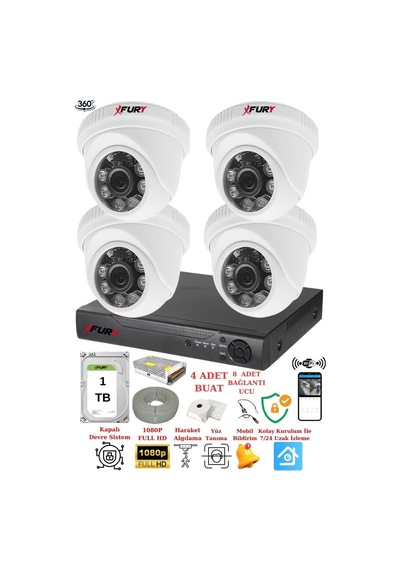 Fury 4 Kameralı 5mp 3.6mm Lens 2mp Görüntü 6 Atom Led Gece Görüşlü Fullhd Güvenlik Kamerası 1412a 1tb