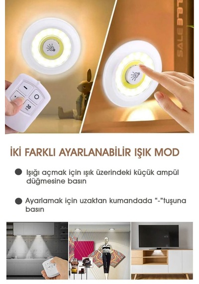 Uzaktan Kumandalı Yapışkanlı Kablosuz Pilli Led 3 Lü Spot Lamba Koridor Mutfak Tezgah Dekoratif Diğer