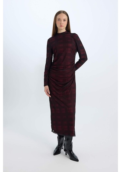 DeFacto Regular Fit Yarım Balıkçı Yaka Desenli Uzun Kollu Maxi Tül Elbise E1959AX24WNBR115 Bordo