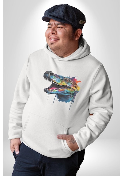 Timsah Renkli Kafası Kadın Erkek Beyaz Kapüşonlu Sweatshirt Hoodie Beyaz