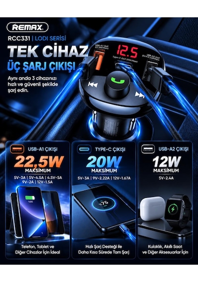 Lodi Serisi 54,5w Pd+qc 2 Usb-a / 1 Usb-c Araç Şar