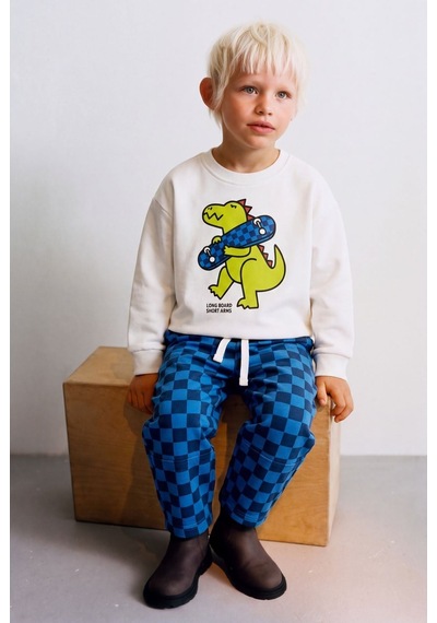 Magu Çocuk Pamuklu Dinozor Baskılı Sweatshirt Ve Mavi Dama Eşofman Takımı Çok Renkli