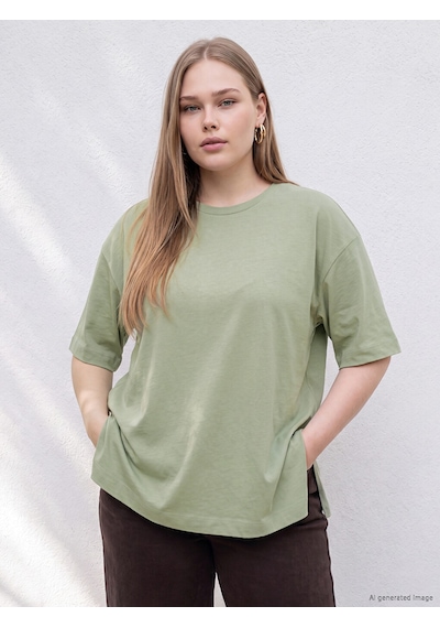 Lcw Curve Yeşil Büyük Beden %100 Pamuklu Oversize Kadın Tişört