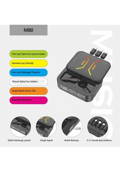 Power M80 2000 mAh Powerbanklı Bluetooth Kablosuz Kulaklık