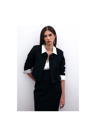 Sateen Boncuk Aksesuarlı Kısa Ceket - Siyah-135574 Siyah