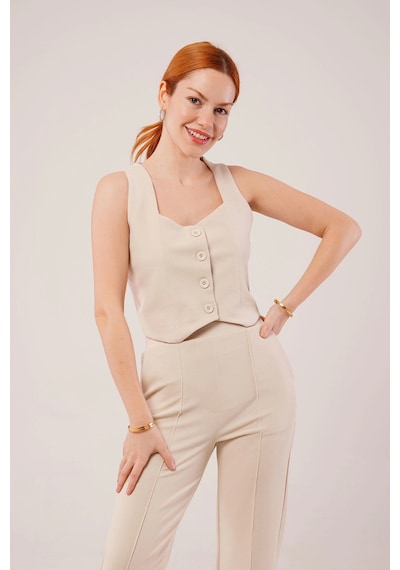 Defymoda Kalın Askılı Düğmeli Yelek Ve Pantolon Bej Takım Bej Defymoda Kalın Askılı Düğmeli Yelek Ve Pantolon Bej Takım Bej