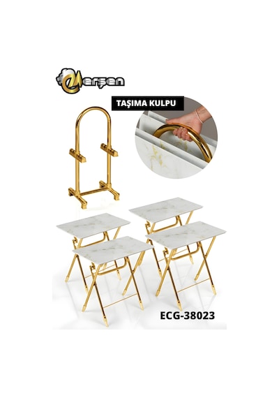 Eranş Serisi 4'lü Katlanır Cam Beyaz Mermer Desen Çanta Zigon Sehpa Gold Ayak Beyaz Mermer Desen Gold