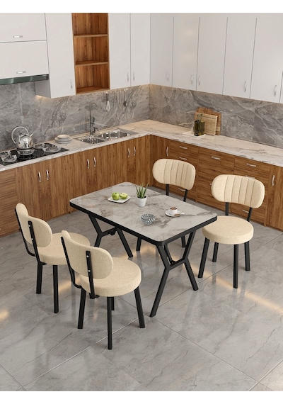 Azra 70x110cm Efes Mutfak Masası, Mutfak Masası Takımı, Yemek Masası, 4 Krem Sandalye Krem