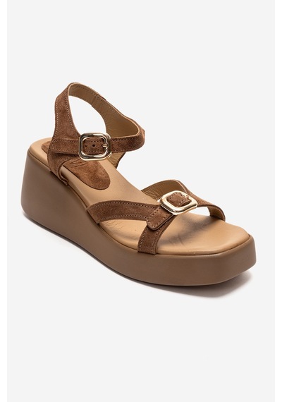 Luvishoes Kalıa Toprak Süet Hakiki Deri Tokalı Kadın Dolgu Topuklu Sandalet