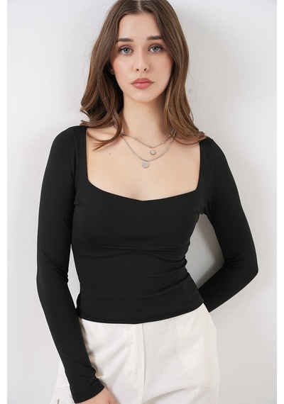 Bigdart Kadın Kare Yaka Slim Fit Bluz 986 - Siyah
