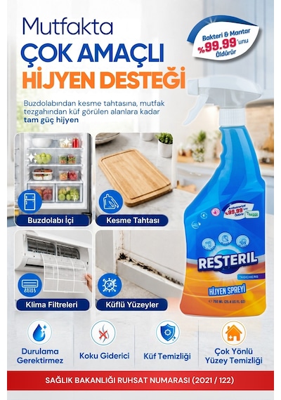 Resteril Buzdolabı Koku Giderici Küf Temizleyici Spreyi Durulanmayan Buzdolabı Temizleyici Kesme Tahtası Mutfak Yüzey Dezenfektanı 750 ML