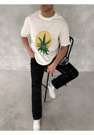 Assema Erkek Ön Ve Arka Baskılı Oversize Kısa Kol Bisiklet Yaka - Beyaz Çok Renkli