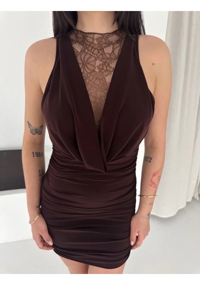 Butik İstanbul Dantel Detaylı Derin Dekolte Drapeli Mini Elbise Şık Kolsuz - Kahvrenegi Kahverengi Butik İstanbul Dantel Detaylı Derin Dekolte Drapeli Mini Elbise Şık Kolsuz - Kahvrenegi Kahverengi