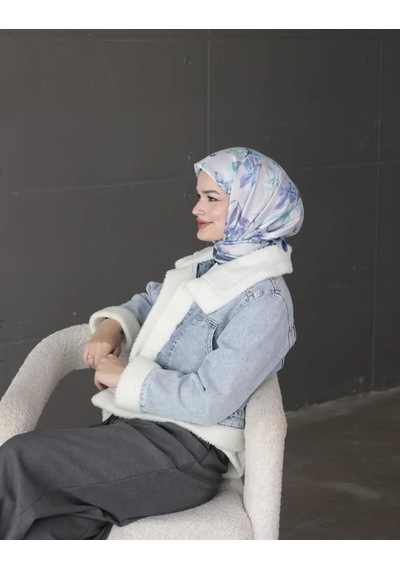 Bushu Çiçek Ve Desenli Twill Eşarplar Baby Blue Açık mavi