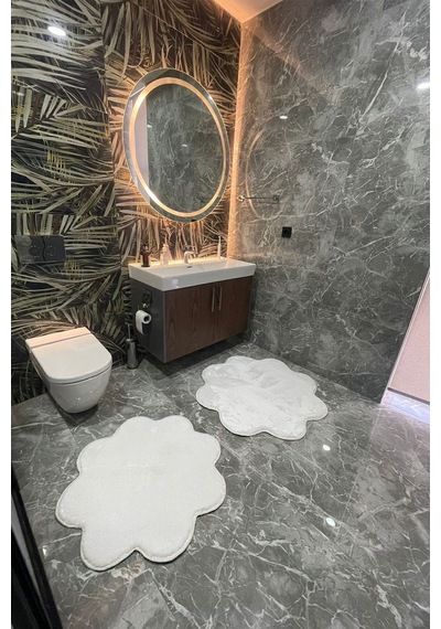 2'li Beyaz Banyo Halısı Peluş Post Halı Klozet Takımı 80x80 Ve 100x100 Beyaz
