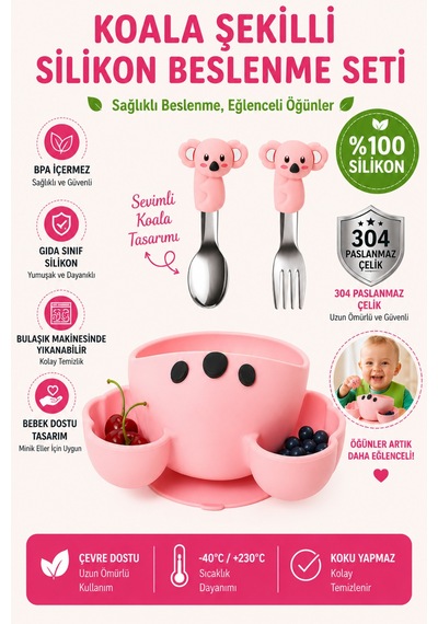 Pembe Koala Premium Çocuk Vakumlu Silikon Beslenme Mama Kase, Paslanmaz Çelik Çatal-kaşık 9+ Ay