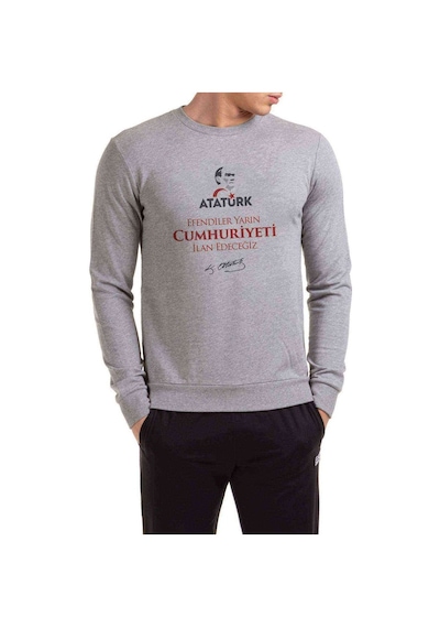 29 Ekim Cumhuriyetin Ilanı Baskılı Gri Erkek Örme Sweatshirt