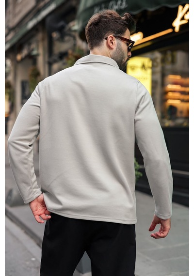 Madmext Boyalı Gri Yarım Fermuarlı Polo Yaka Dokulu Erkek Sweatshırt E7197