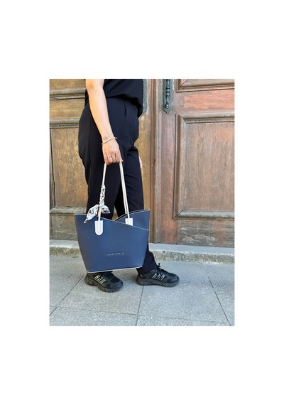 Just Polo Kadın Büyük Boy Şal Detaylı Günlük Kullanıma Uygun Yavrulu Lüks Tasarım El & Omuz Çantası Shopper Lacivert - Taş