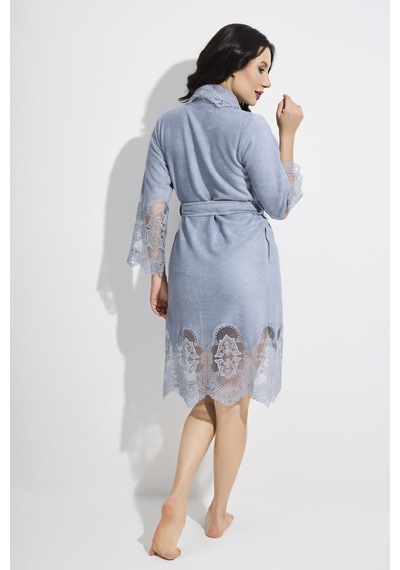 Dantelli Kısa Şalyaka Bukle Bambu Cotton Bayan Bornoz Gri