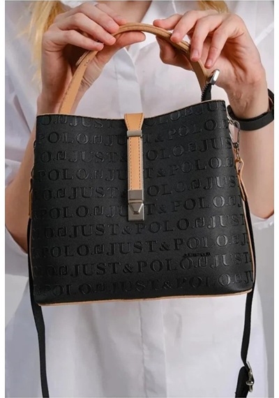 Just Polo Kadın Kabartma Baskılı Lüks El Ve Omuz Çantası Shopper Siyah - Taba