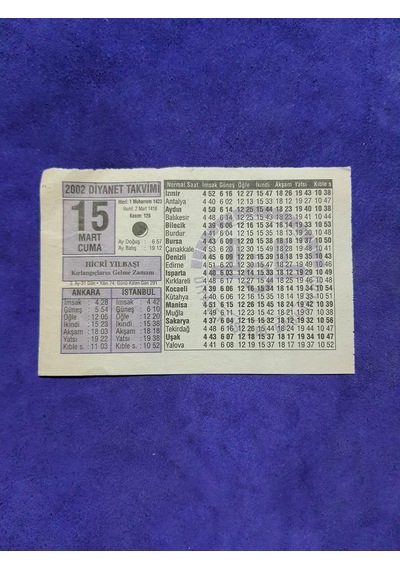 15 Mart 2002 Takvim Yaprağı - Nostalji Koleksiyonluk Takvim Yaprağı