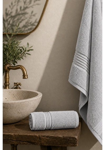 50x90 Pamuklu El Yüz Havlusu Yumuşak Dokulu Yüksek Su Emici Banyo Havlusu Dekoratif Bordürlü Günlük Kullanım Gri