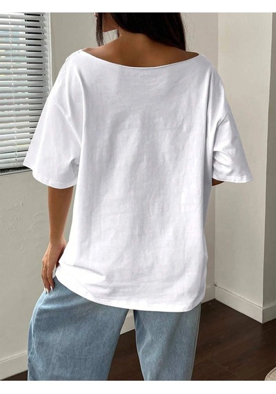 Startmore Startmore Kayık Yaka Hawaii Baskılı Oversize %100 Pamuk Beyaz