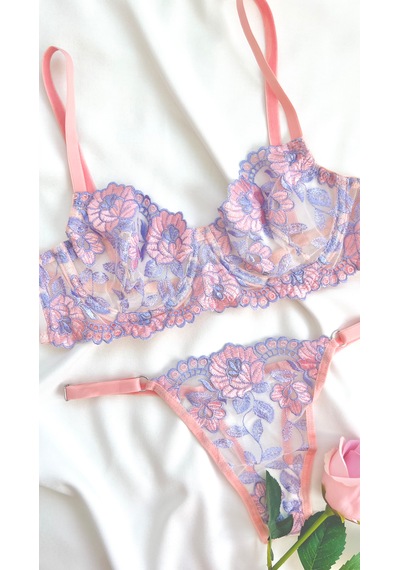 Arinda Romantic Zarif Çiçek Desenli İşlemeli Balenli Kapsız Bralette Sütyen Tanga Alt Üst İç Çamaşırı Takımı 2 Parça Somon