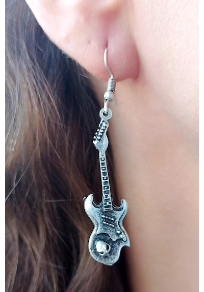 Antik Gümüş Kaplama Kuru Kafalı Gitar Şekilli El Yapımı Çift Adet Gümüş