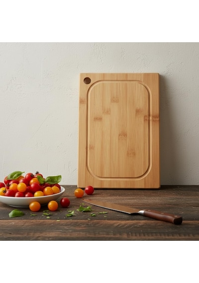 Antibakteriyel Bambu Kesme Tahtası 34x24 Cm İç Oluklu, Asma Delikli Dikdörtgen Doğrama Ve S