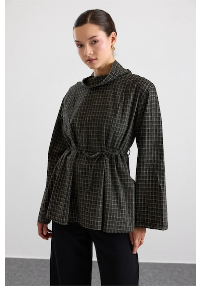 Olcay Degaje Yaka Oversize Kareli Bluz Haki 9839