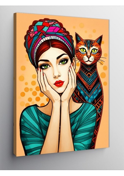 Kanvas Tablo Desenli Kadın Ve Kedi 70cmx100cm