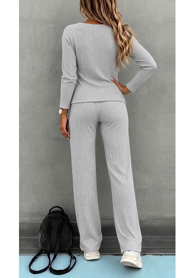 Butik İstanbul Kadın Uzun Kollu V Yakalı Şardonlu Kaşkorse Bluz Ve Pantolon Ikili Takım Gri