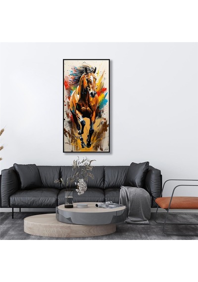Yağlı Boya Dokulu Tablo Koşan Modern At Siyah Çerçeveli U04035-178949