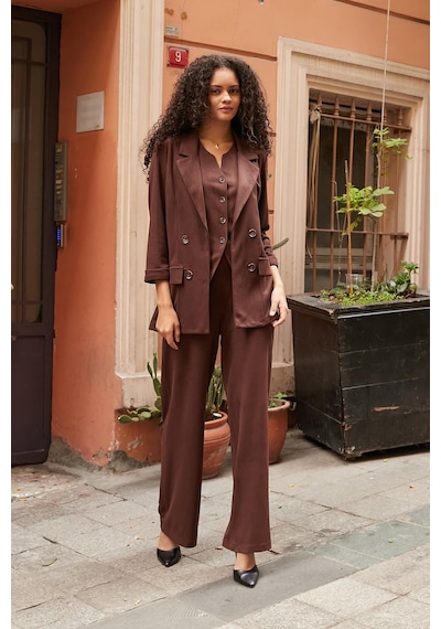 Kadın Süet Dokulu Kumaş Yakalı Capri Kol Cep Kapaklı Blazer Ceket-kahve Kahve