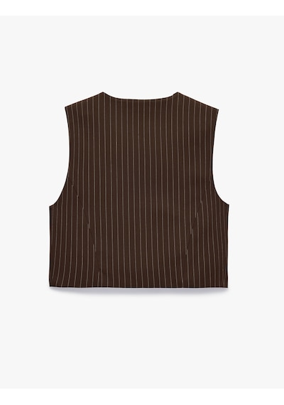 Koton V Yaka Düğmeli Çizgili Crop Blazer Yelek Kahverengi Çizgili 7wak20007pw